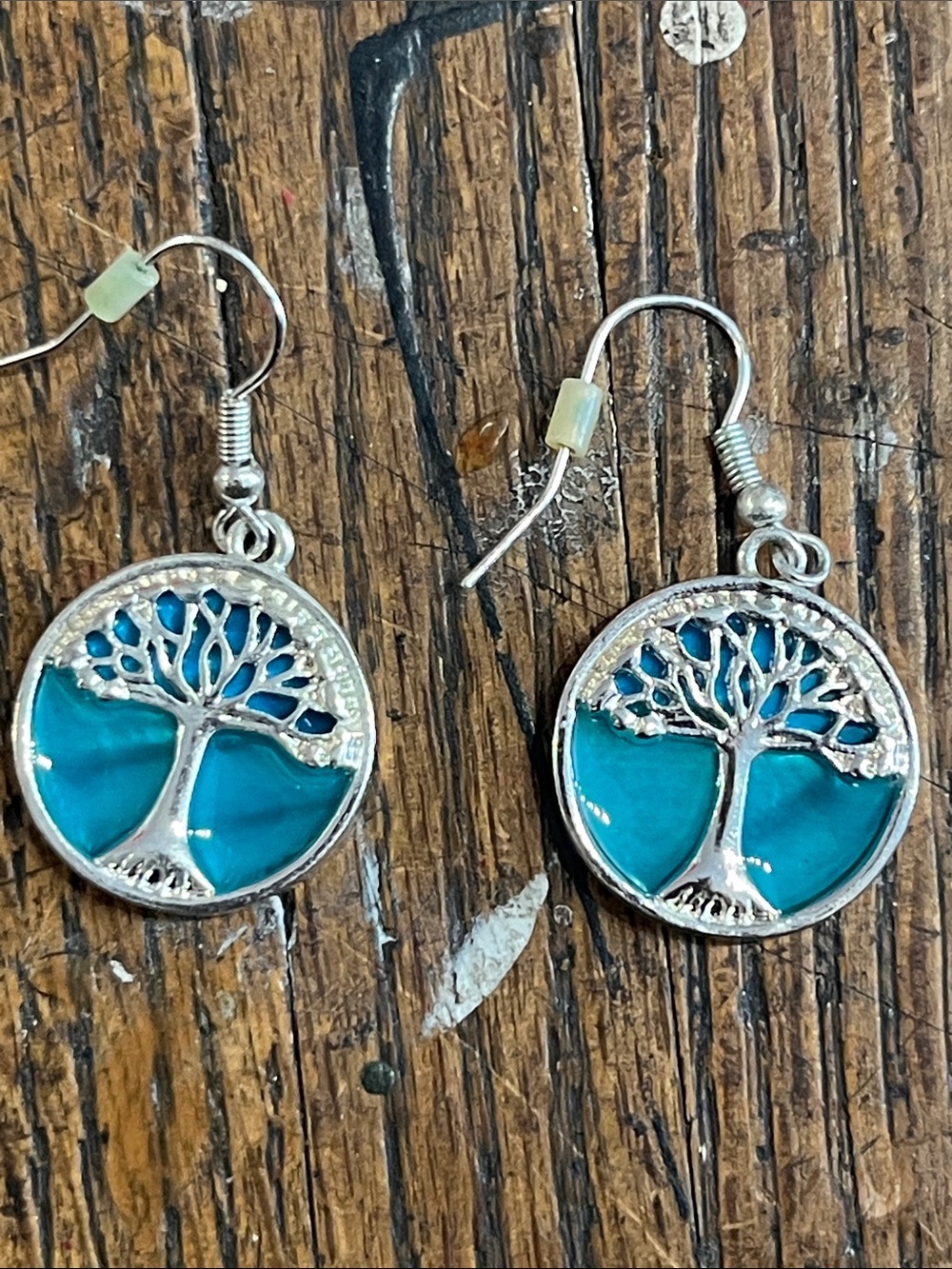 Silver Tree of Life Drop Earrings in Teal like new